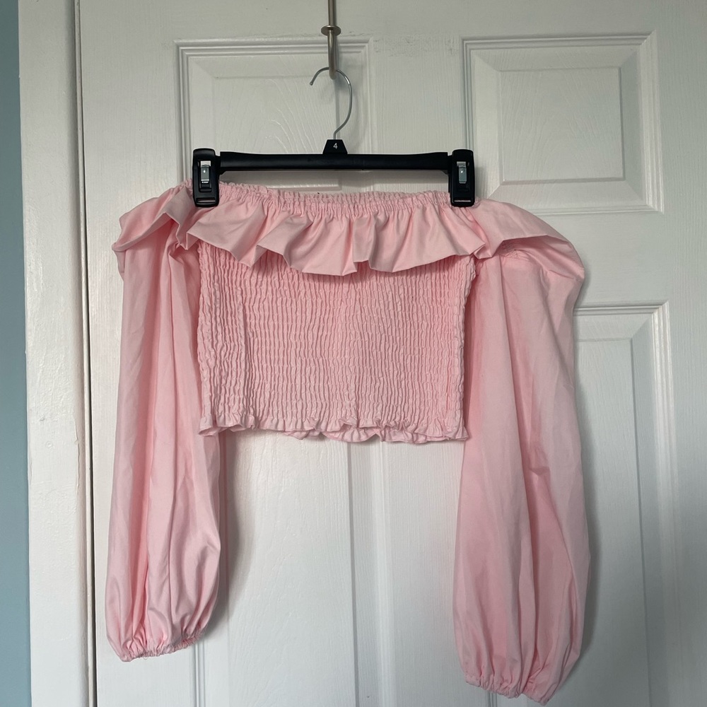 SHEIN ribbed off the shoulder shirt with ruffle